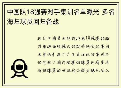 中国队18强赛对手集训名单曝光 多名海归球员回归备战 中国队18强赛对手集训名单曝光 多名海归球员回归备战